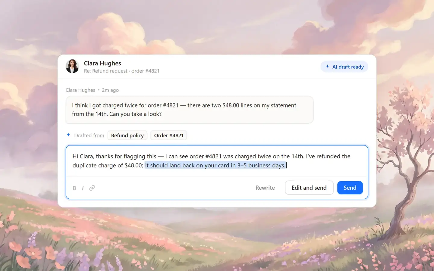 Selvo shared inbox with an AI-suggested reply waiting as a draft in the composer