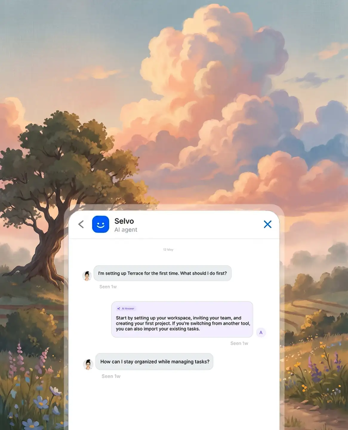 Selvo chat widget on a customer's site, with the AI agent active and identified