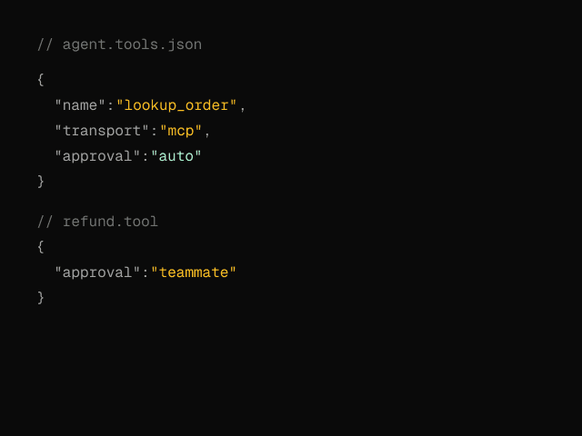 Dark code block defining a lookup_order MCP tool with auto approval and a refund tool requiring teammate approval