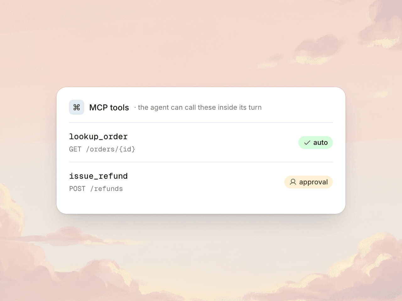 Dark code block defining a lookup_order MCP tool with auto approval and a refund tool requiring teammate approval