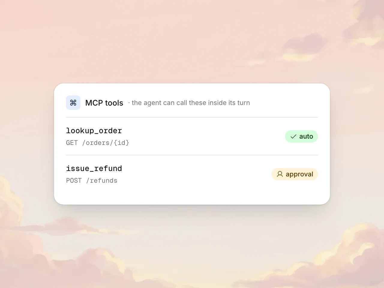 Dark code block defining a lookup_order MCP tool with auto approval and a refund tool requiring teammate approval