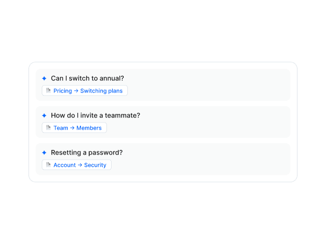 Three AI replies each with a citation chip linking to its source help center article
