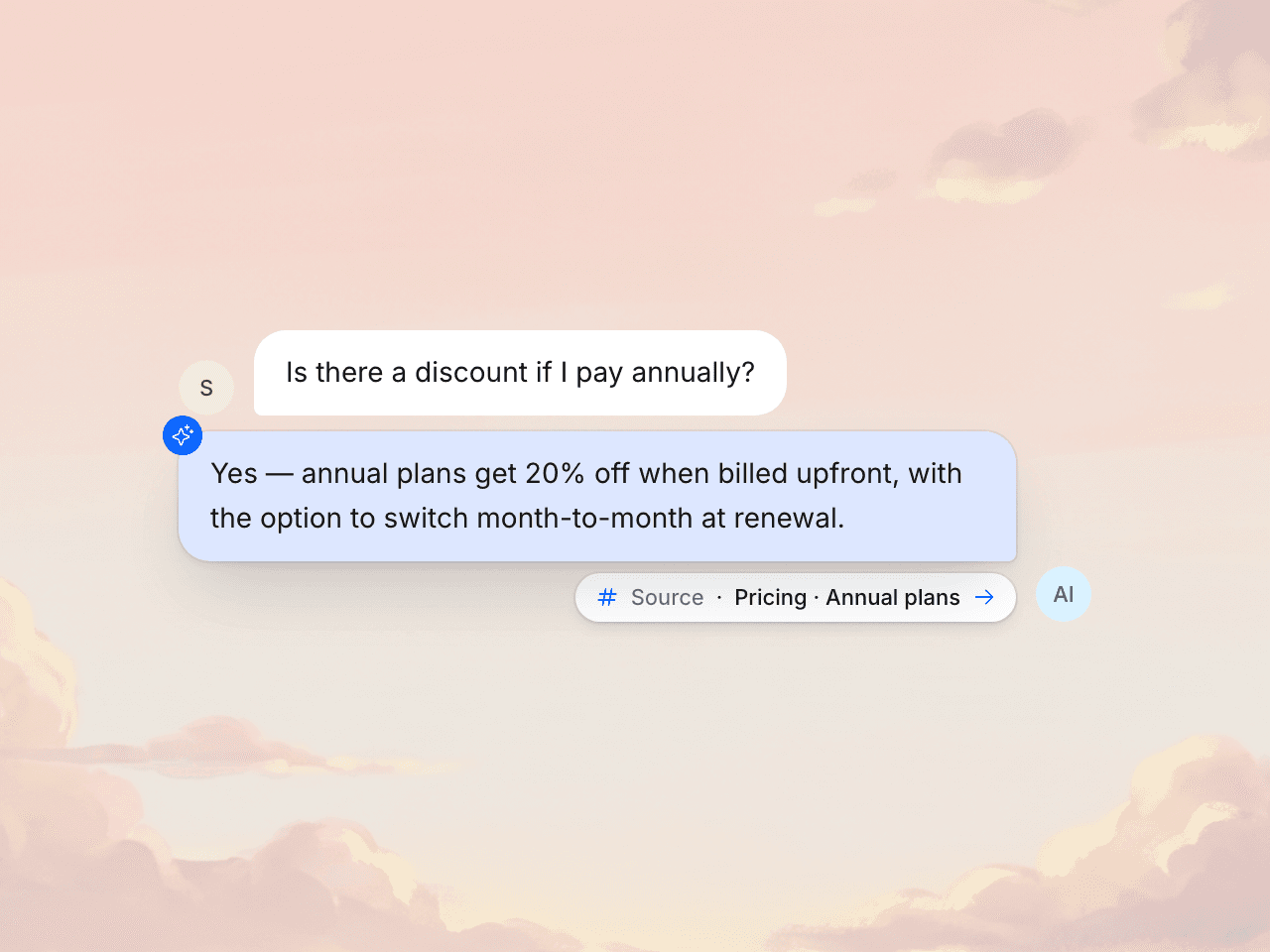 Three AI replies each with a citation chip linking to its source help center article