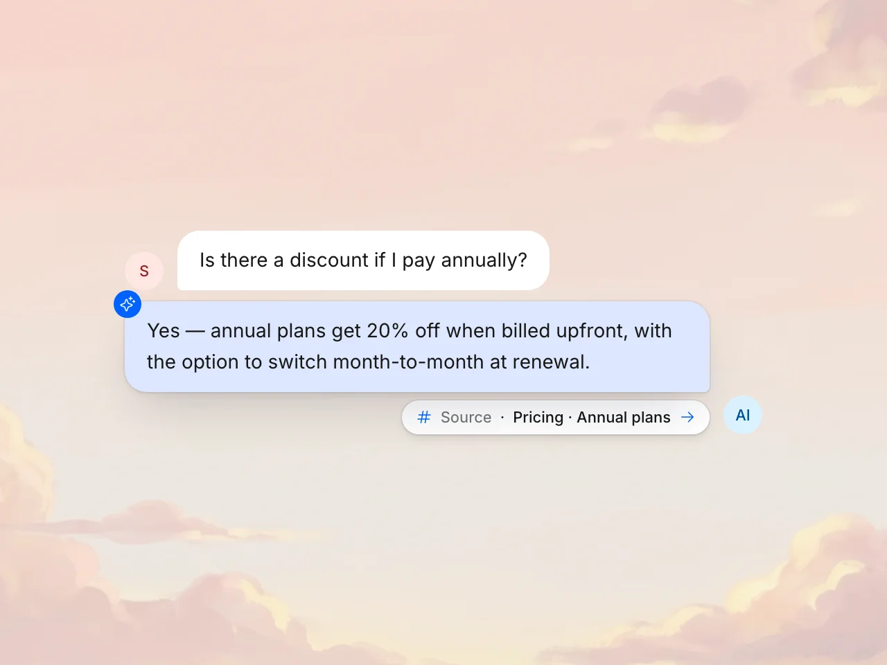 Three AI replies each with a citation chip linking to its source help center article