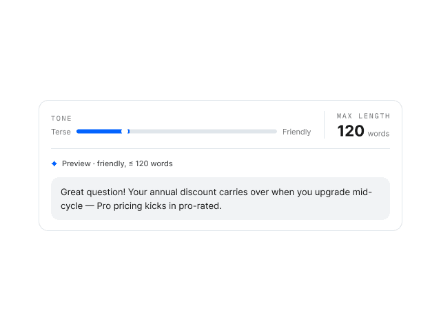 Tone slider set to roughly 40 percent between Terse and Friendly, with a max reply length of 120 words