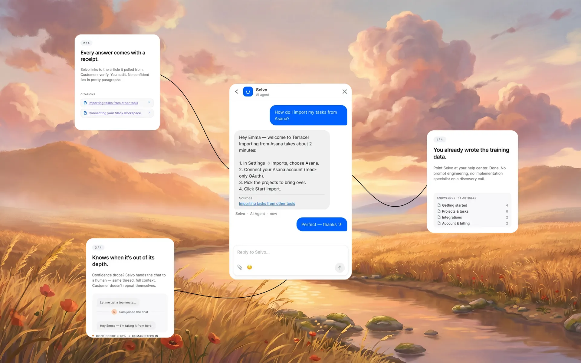 AI agent answering a customer question with cited sources in the widget