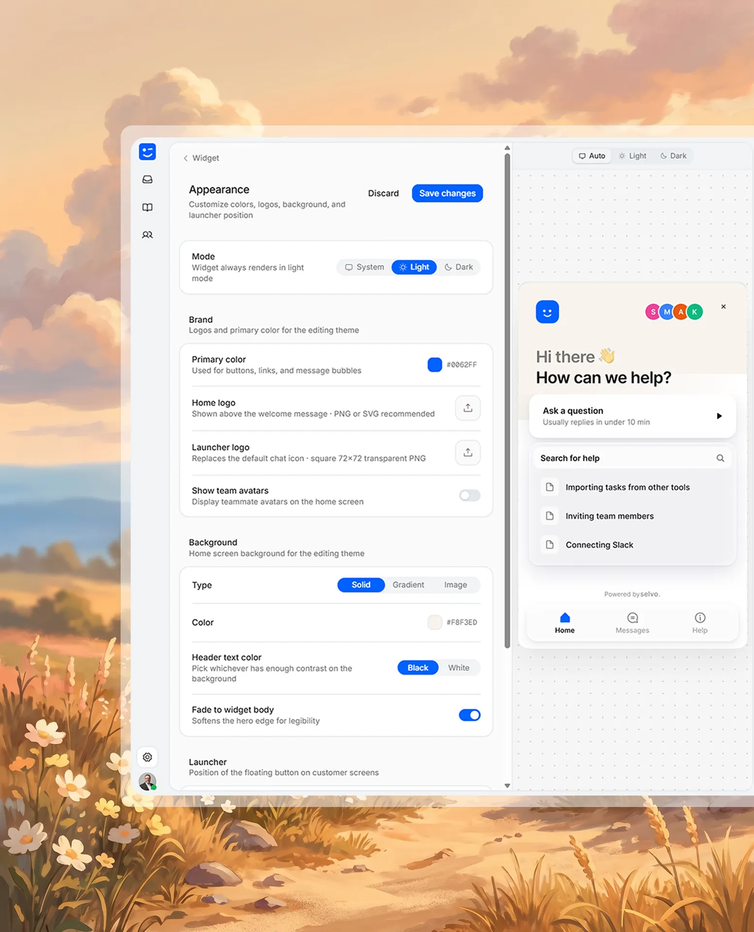 Widget appearance editor with live brand preview