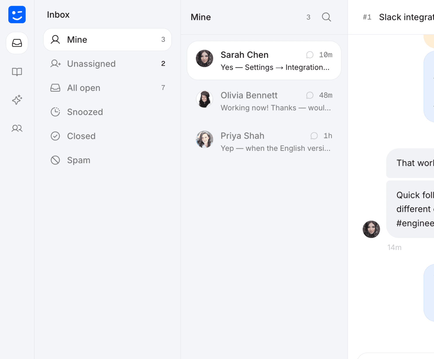 Inbox conversation with an AI handoff note showing confidence score and a recommended next step
