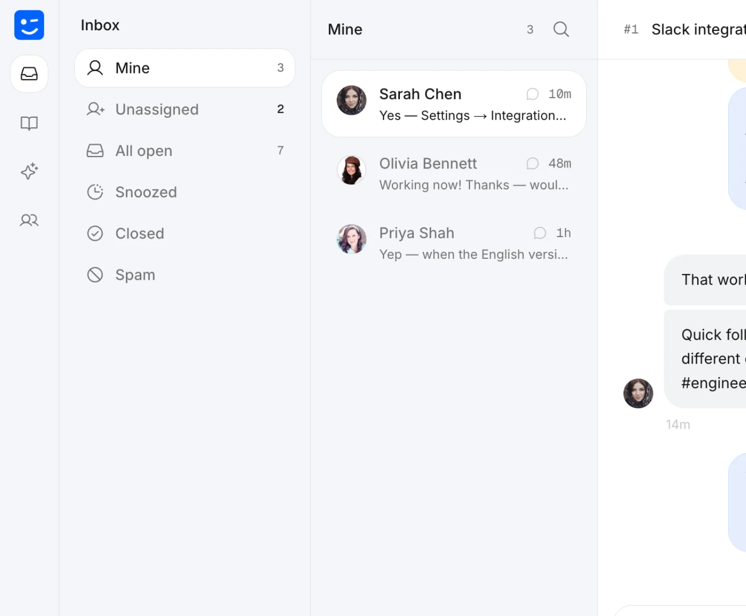 Inbox conversation with an AI handoff note showing confidence score and a recommended next step