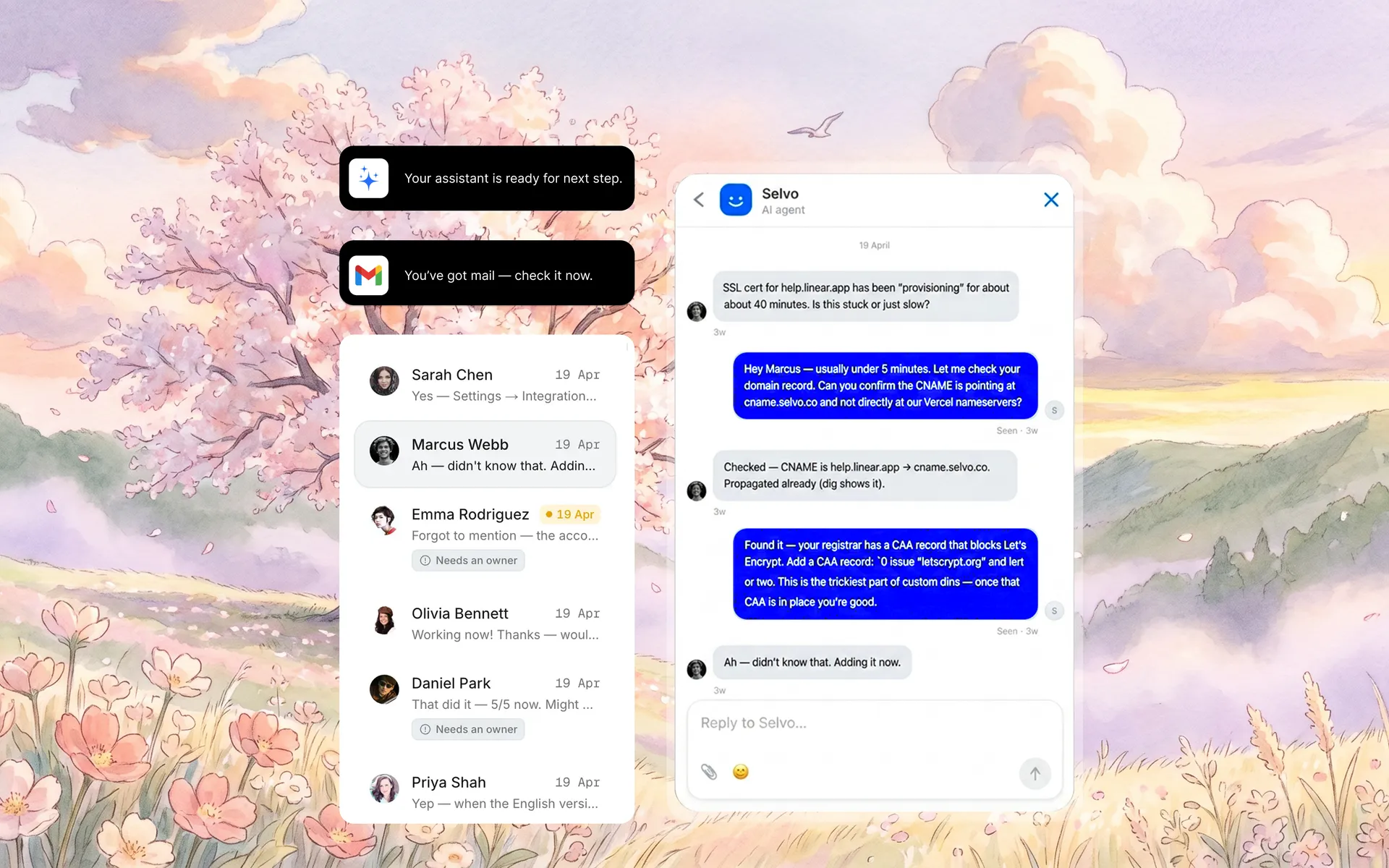 Selvo shared inbox with widget chat, email, and AI conversations in one queue