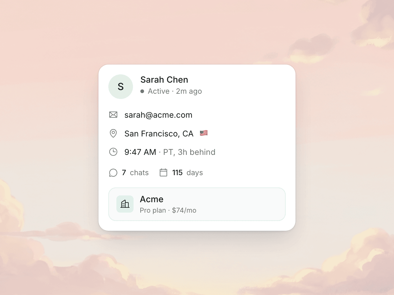 Right-rail customer panel showing Sarah Chen's email, location, time zone, company, and details