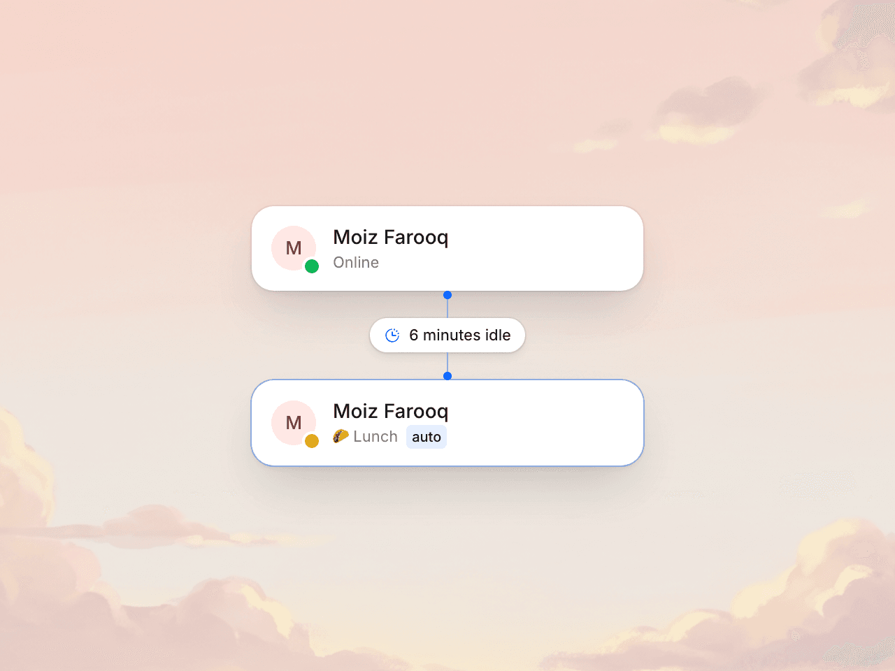 Profile status menu with At lunch selected and an auto-set chip after 6 minutes idle