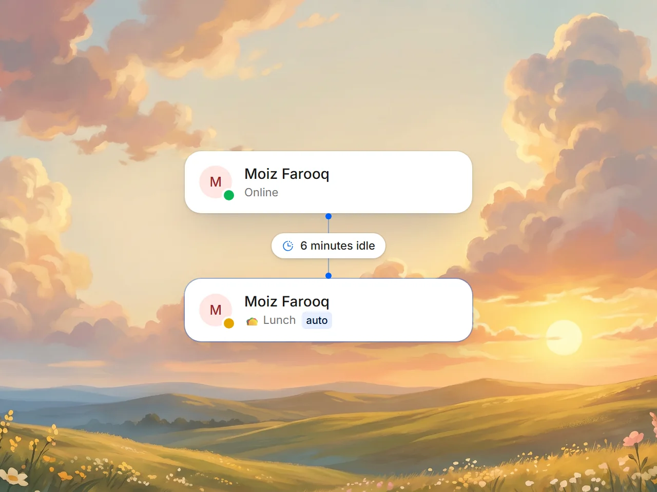 Settings panel for auto-away with an idle-threshold slider and custom away reasons