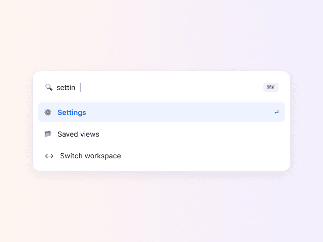 Command palette opened with a search field and a list of conversations, views, and macros