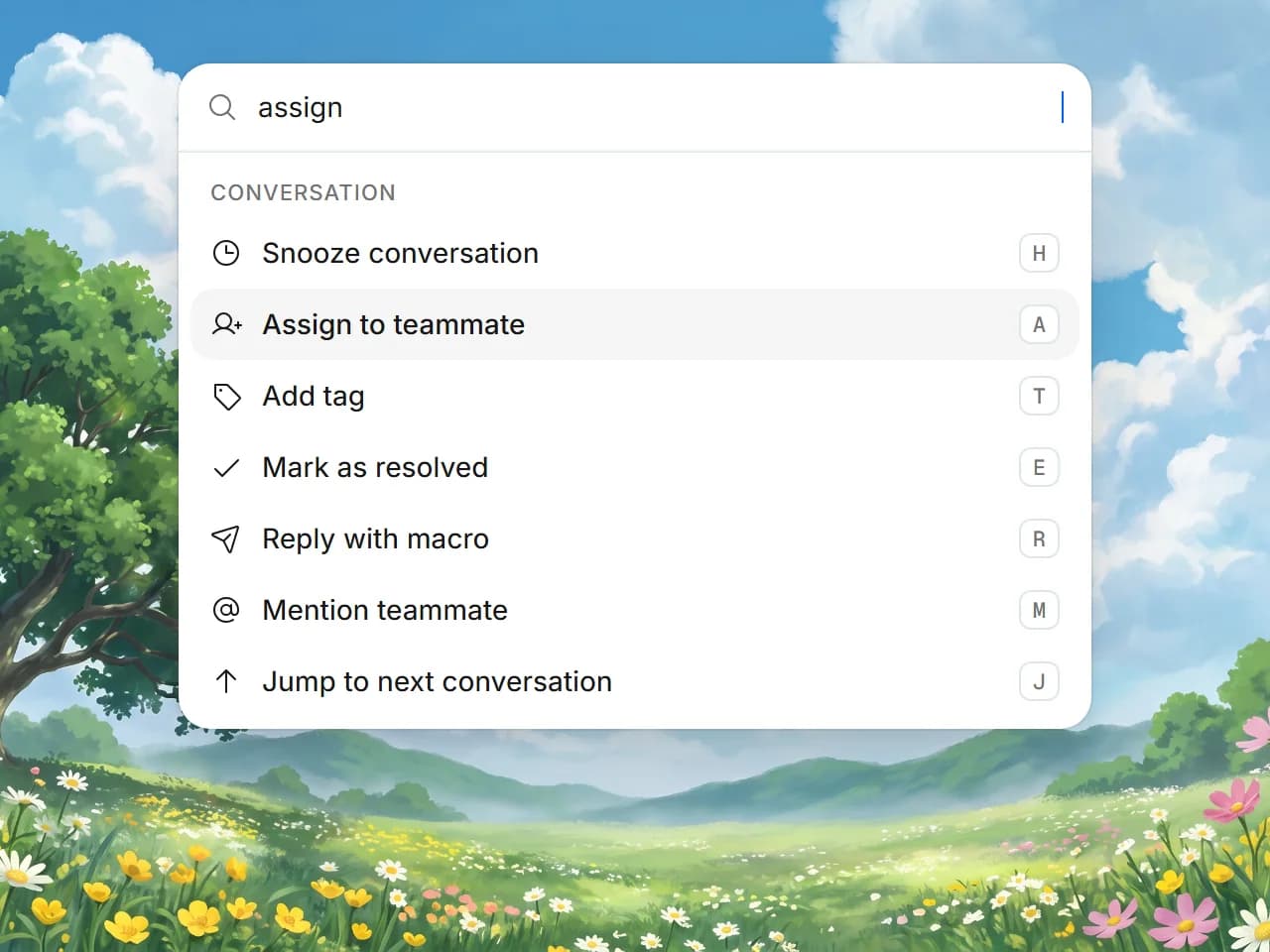 Command palette opened with a search field and a list of conversations, views, and macros