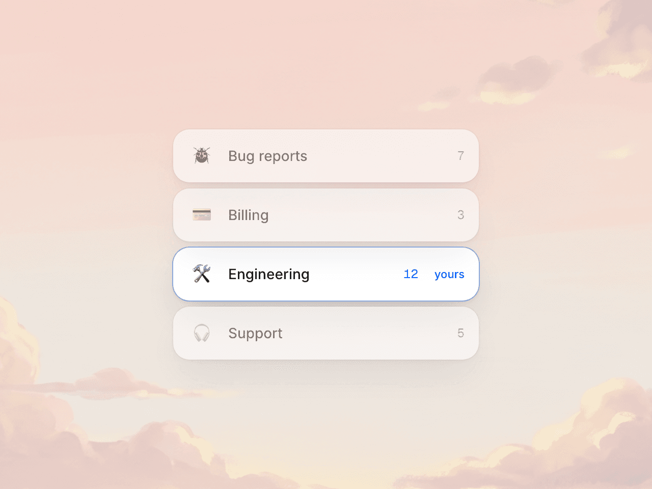 Sidebar team-inbox list showing Bug reports, Billing, Engineering, and Support with unread counts