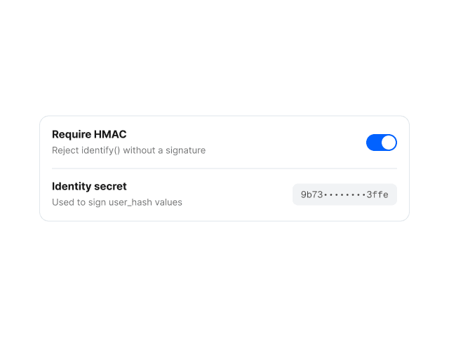 Selvo identity verification settings with Require HMAC toggle enabled and an identity secret value