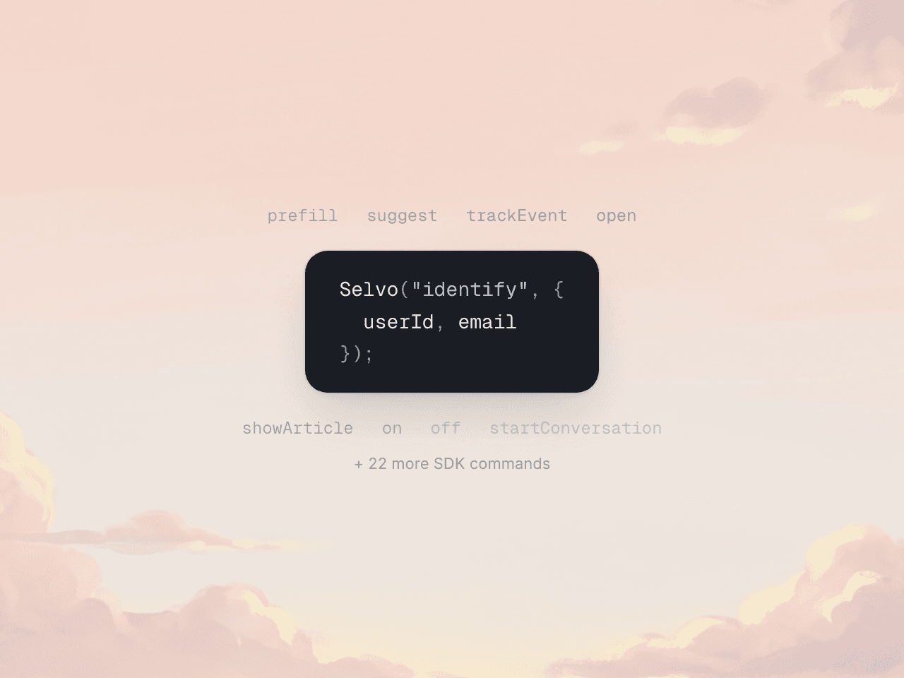 Code snippet showing a Selvo identify() SDK call with user ID, email, and signed hash