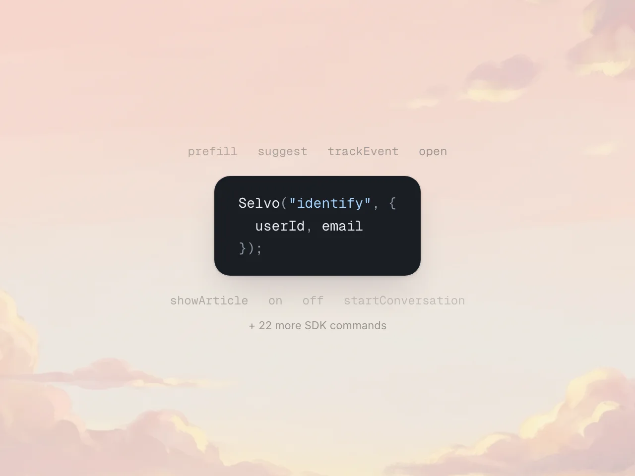Code snippet showing a Selvo identify() SDK call with user ID, email, and signed hash