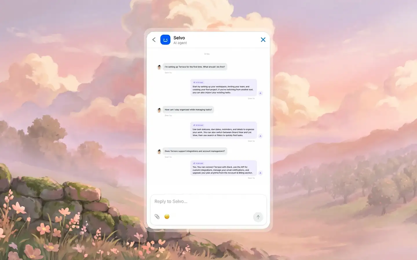 Selvo AI agent answering a customer question with the source help-center article visible behind it