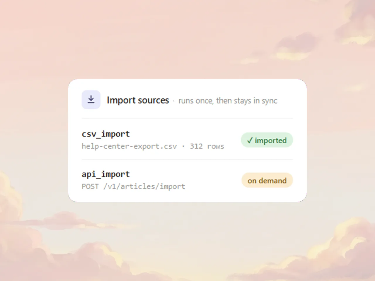 Selvo article import panel showing a CSV upload and API endpoint options