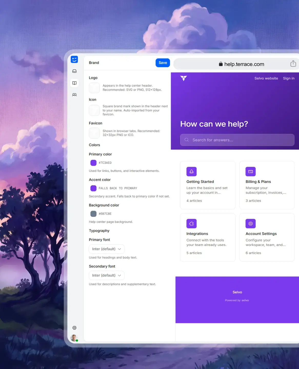 Help center on a custom domain with brand colors and logo applied