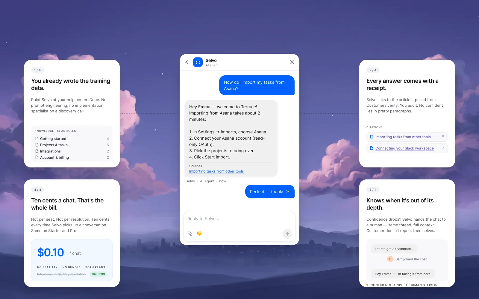 Selvo AI agent suggesting a reply inside the shared inbox