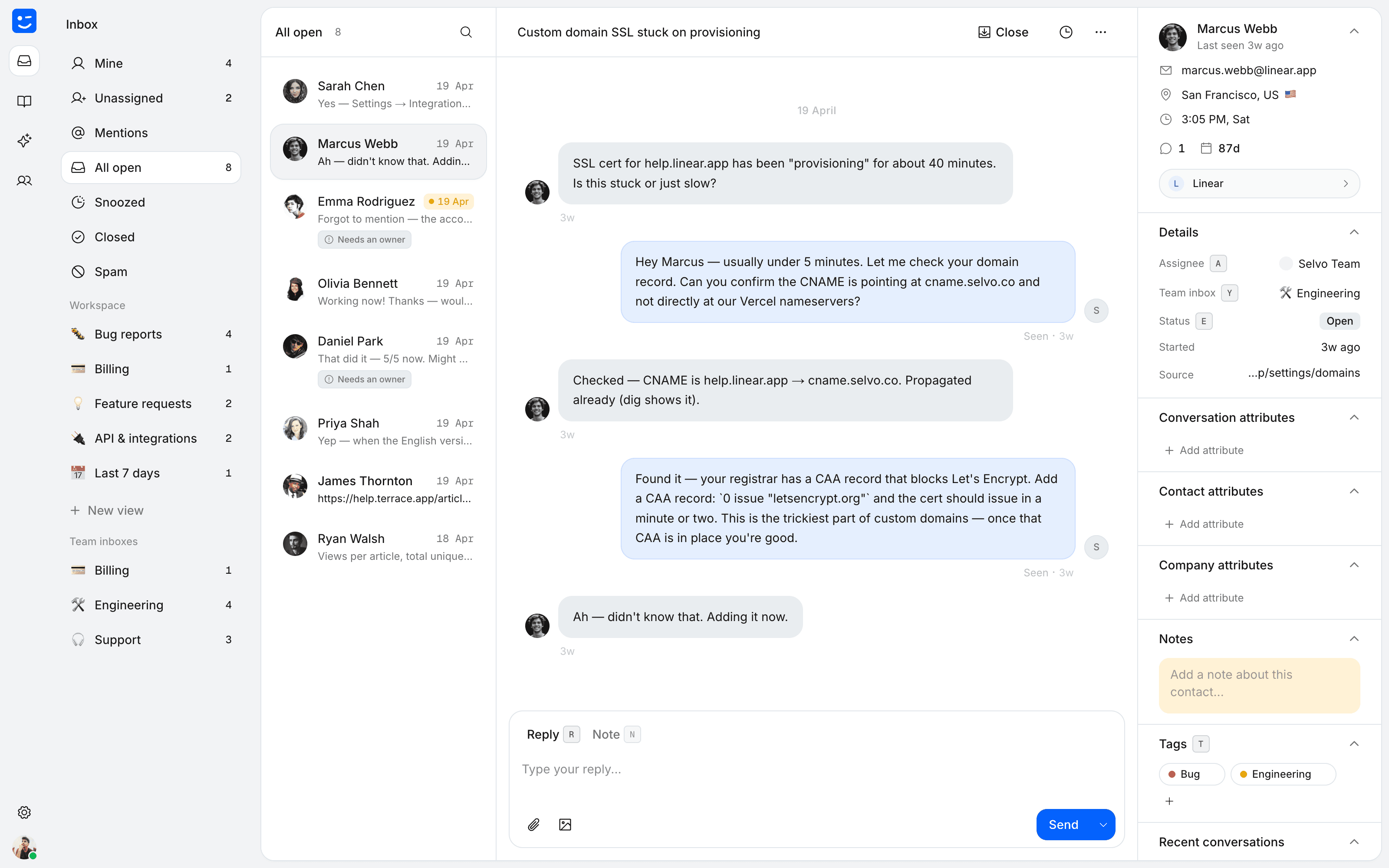 Selvo settings showing per-tag handoff overrides for refund and billing conversations