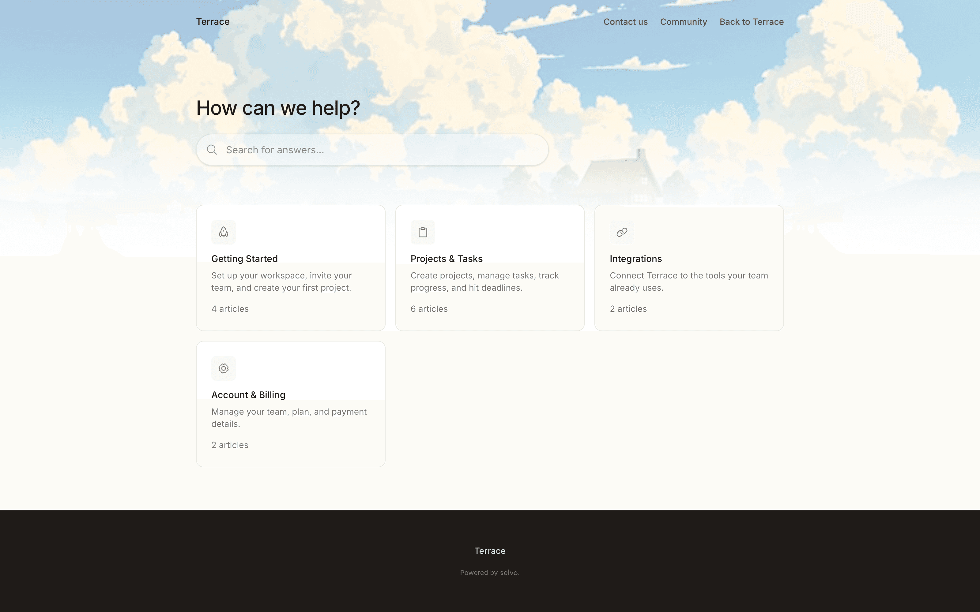 Selvo help center on a custom domain with a customer-facing article open