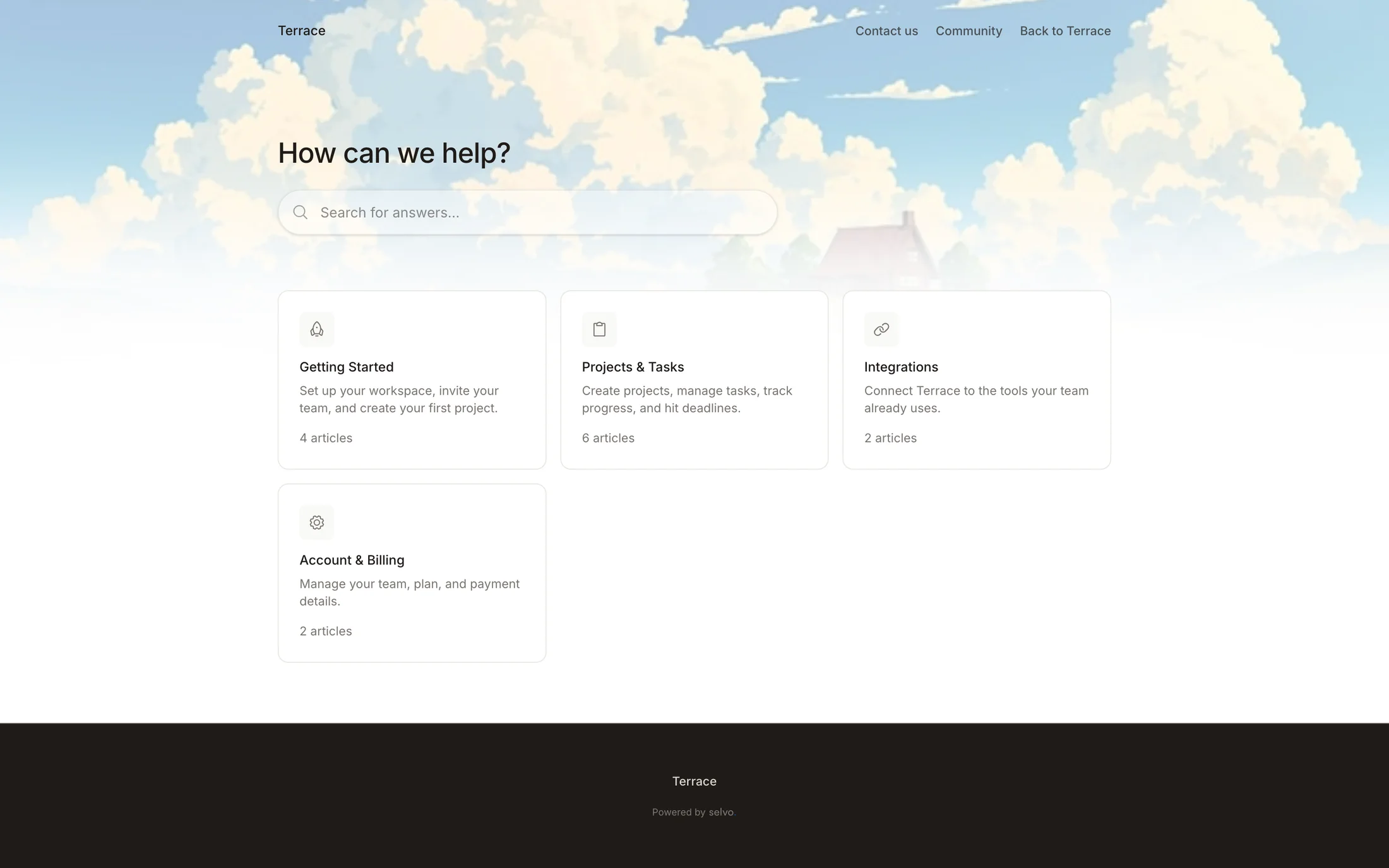 Selvo help center on a custom domain with a customer-facing article open