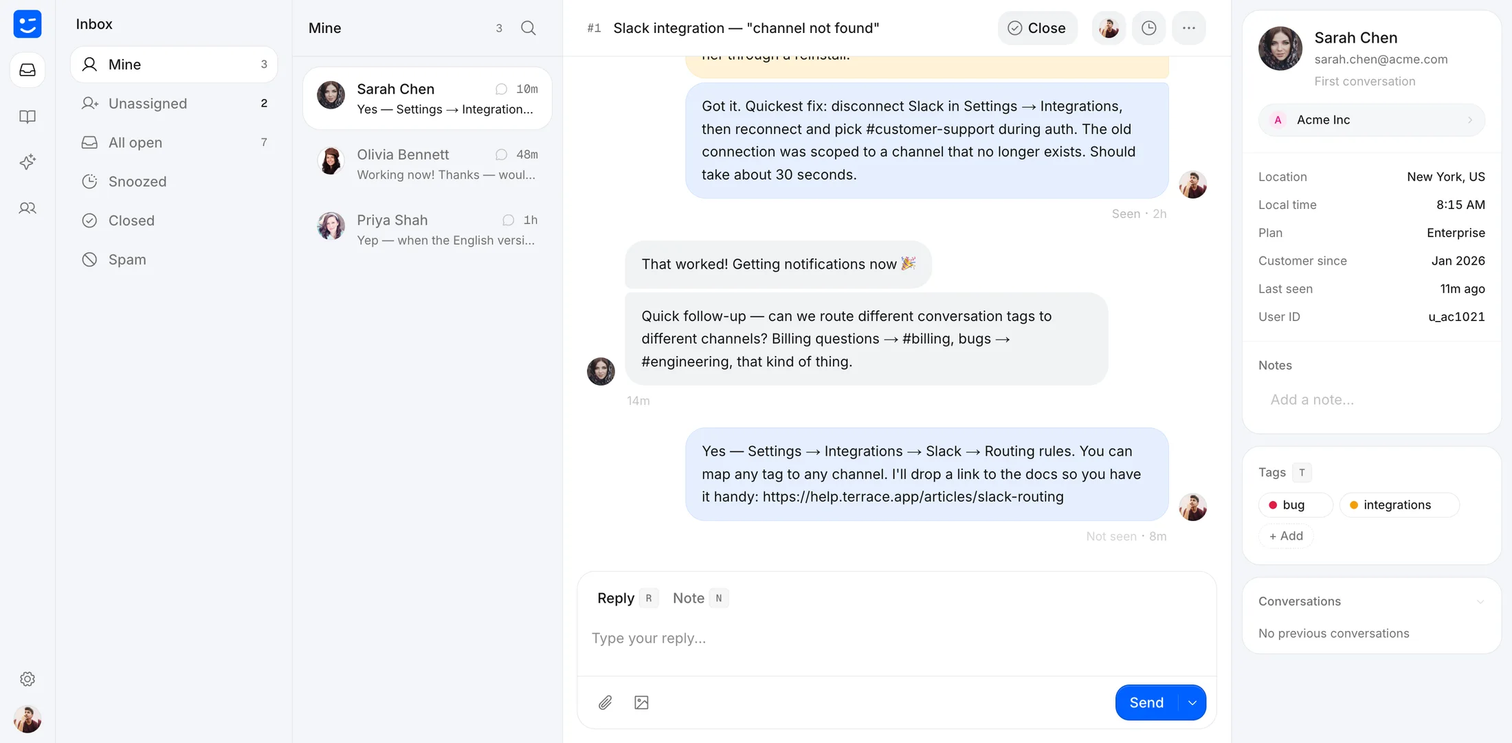 Selvo shared inbox showing a customer conversation