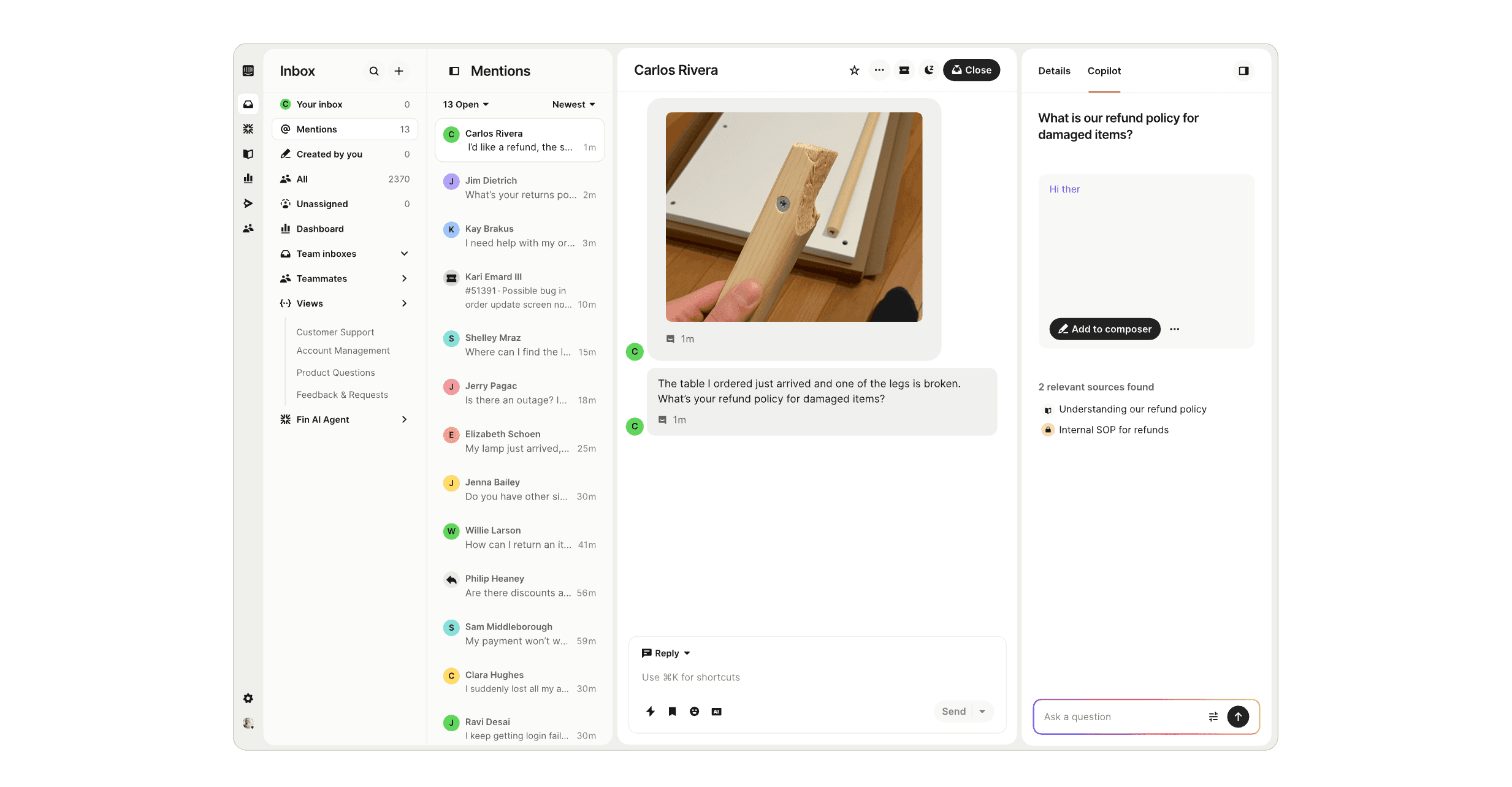 Selvo shared inbox with an AI-suggested reply waiting as a draft in the composer